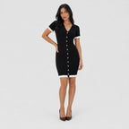 Women's ribbed button-front mini dress in black, front view