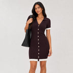 Women's ribbed button-front mini dress in plum brown, alternate front view