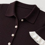 Plum brown ribbed knit dress collar, buttons and ruffle detail