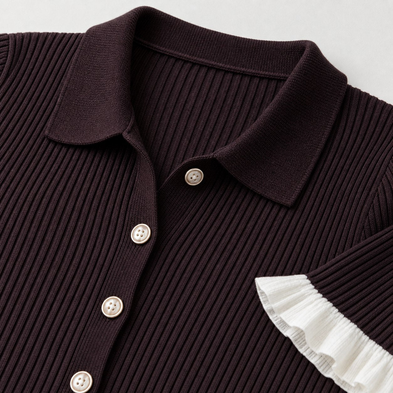 Plum brown ribbed knit dress collar, buttons and ruffle detail