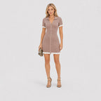 Women's ribbed button-front mini dress in taupe rose, front view