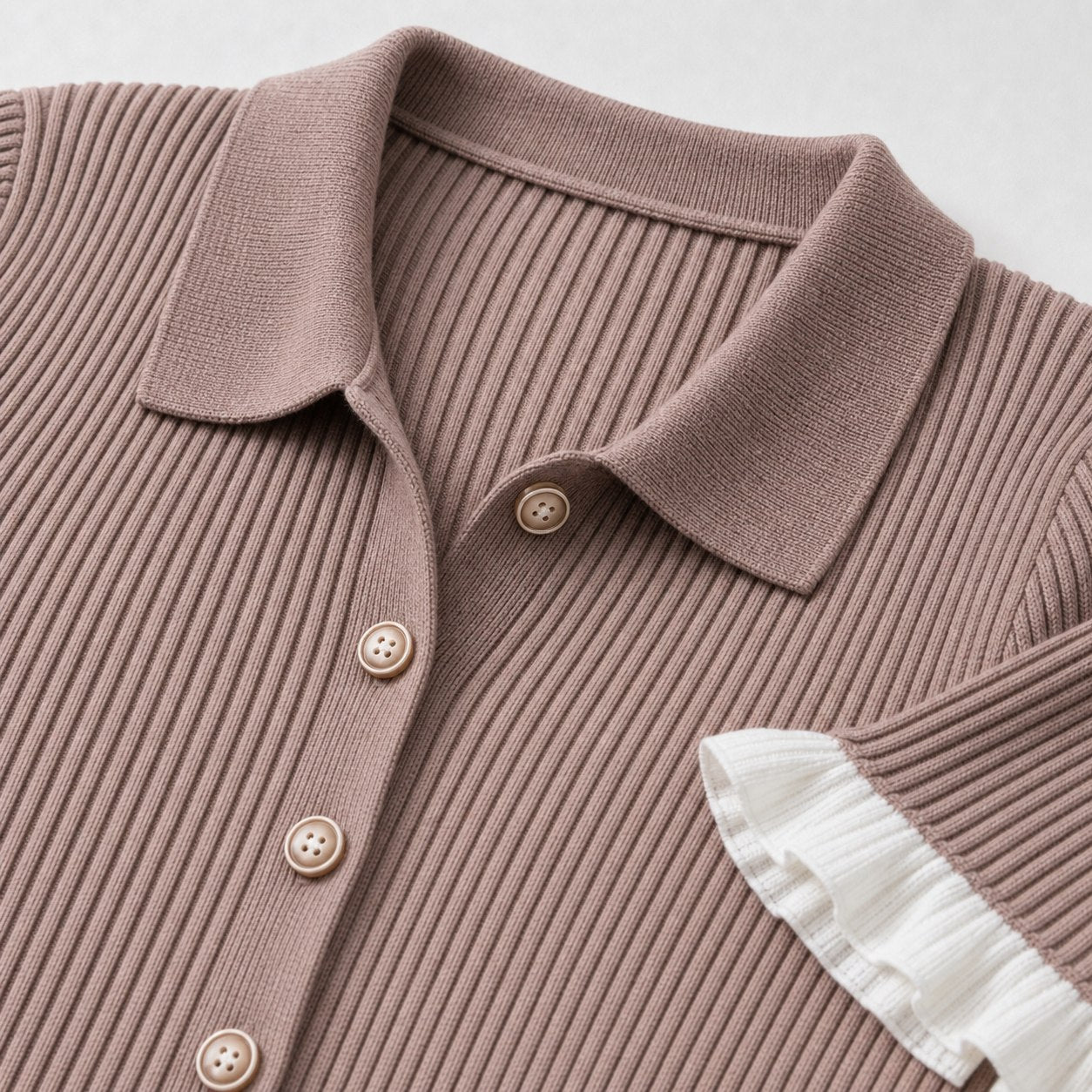 Taupe rose ribbed knit dress collar, buttons and ruffle detail
