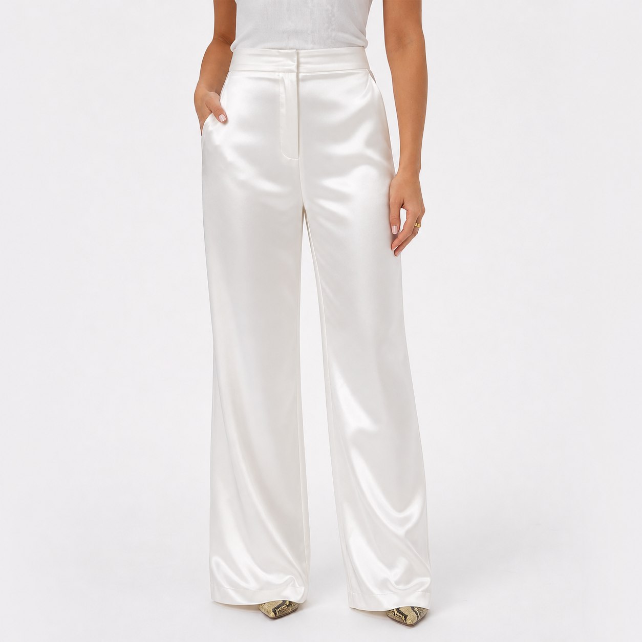White satin wide-leg trousers front view