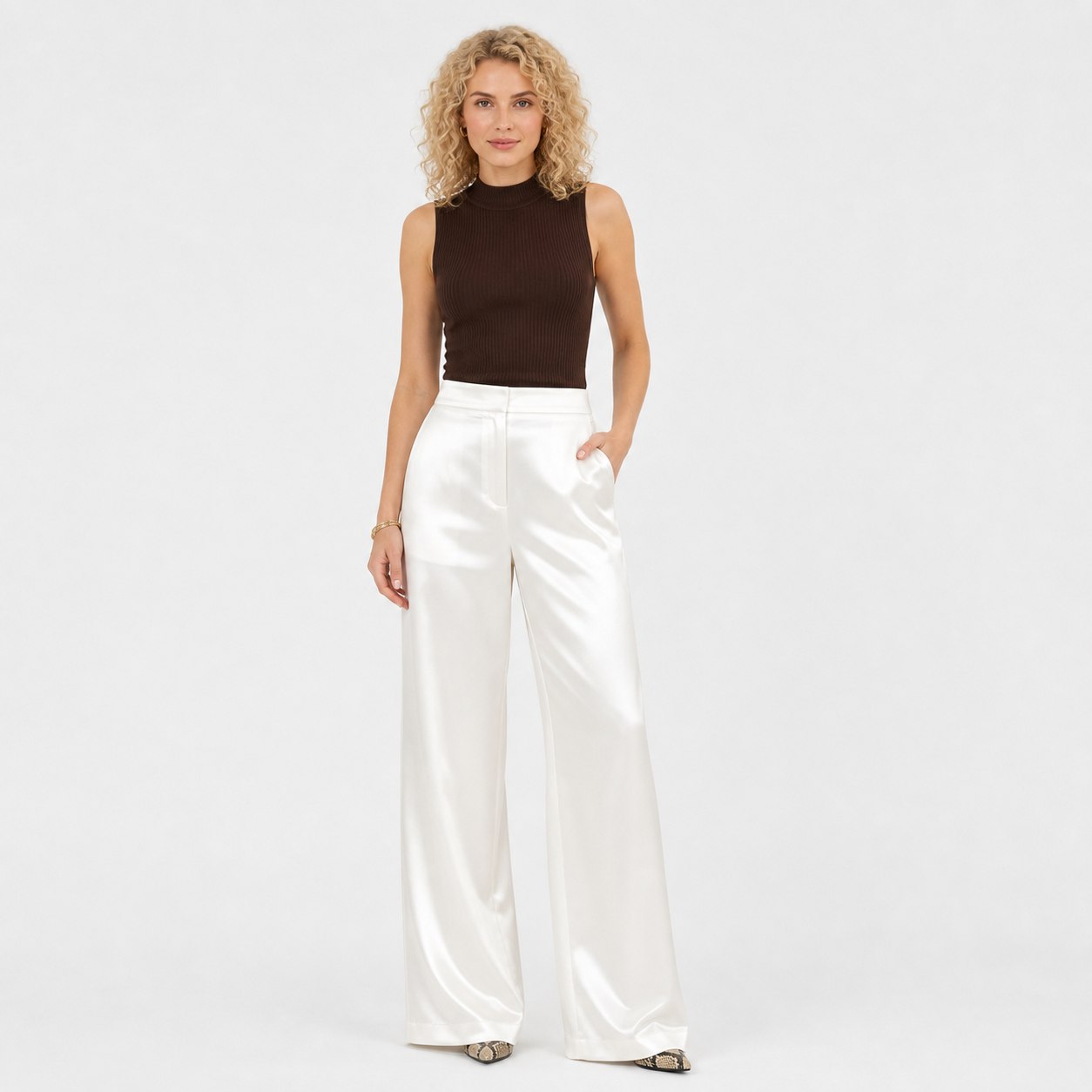White satin wide-leg trousers full front view
