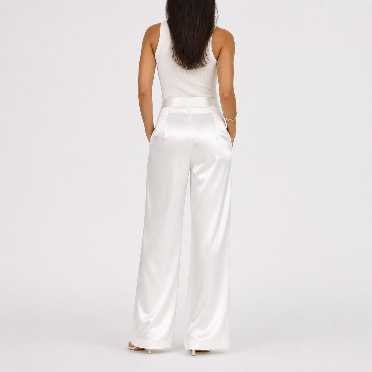 White satin wide-leg trousers back view