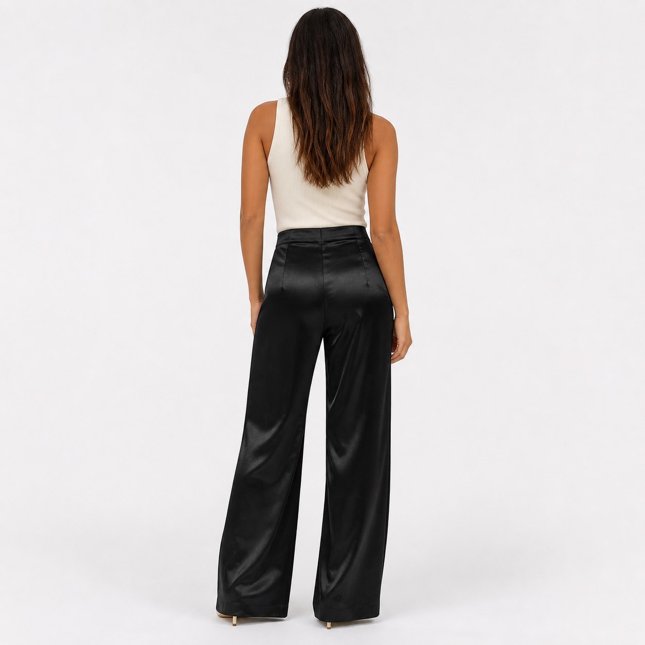 Black satin wide-leg trousers back view