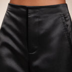 Black satin wide-leg trousers detail view