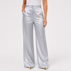Silvergrey satin wide-leg trousers front view