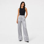 Silvergrey satin wide-leg trousers full front view