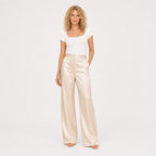 Apricot satin wide-leg trousers full front view