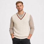 Men's cable-knit V-neck sweater vest in Beige front view