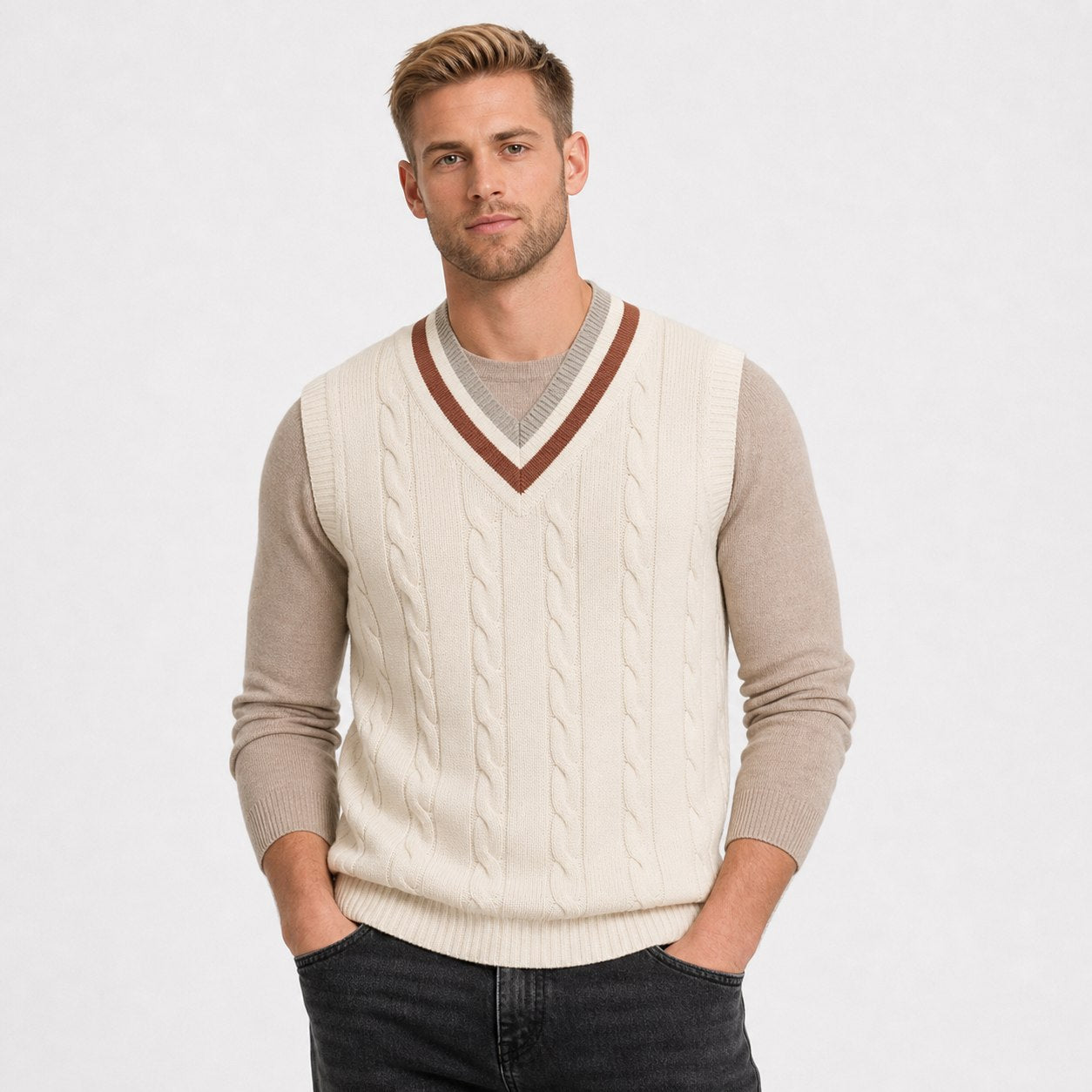 Men's cable-knit V-neck sweater vest in Beige front view