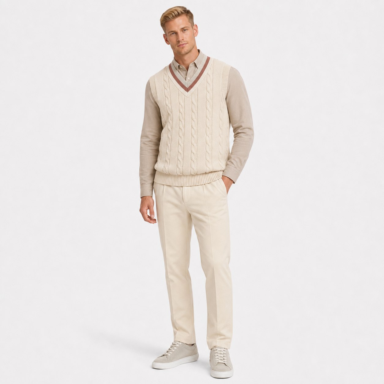 Men's cable-knit V-neck sweater vest in Beige full-body view