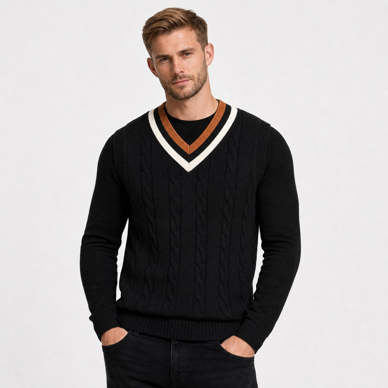 Men's cable-knit V-neck sweater vest in Black front view