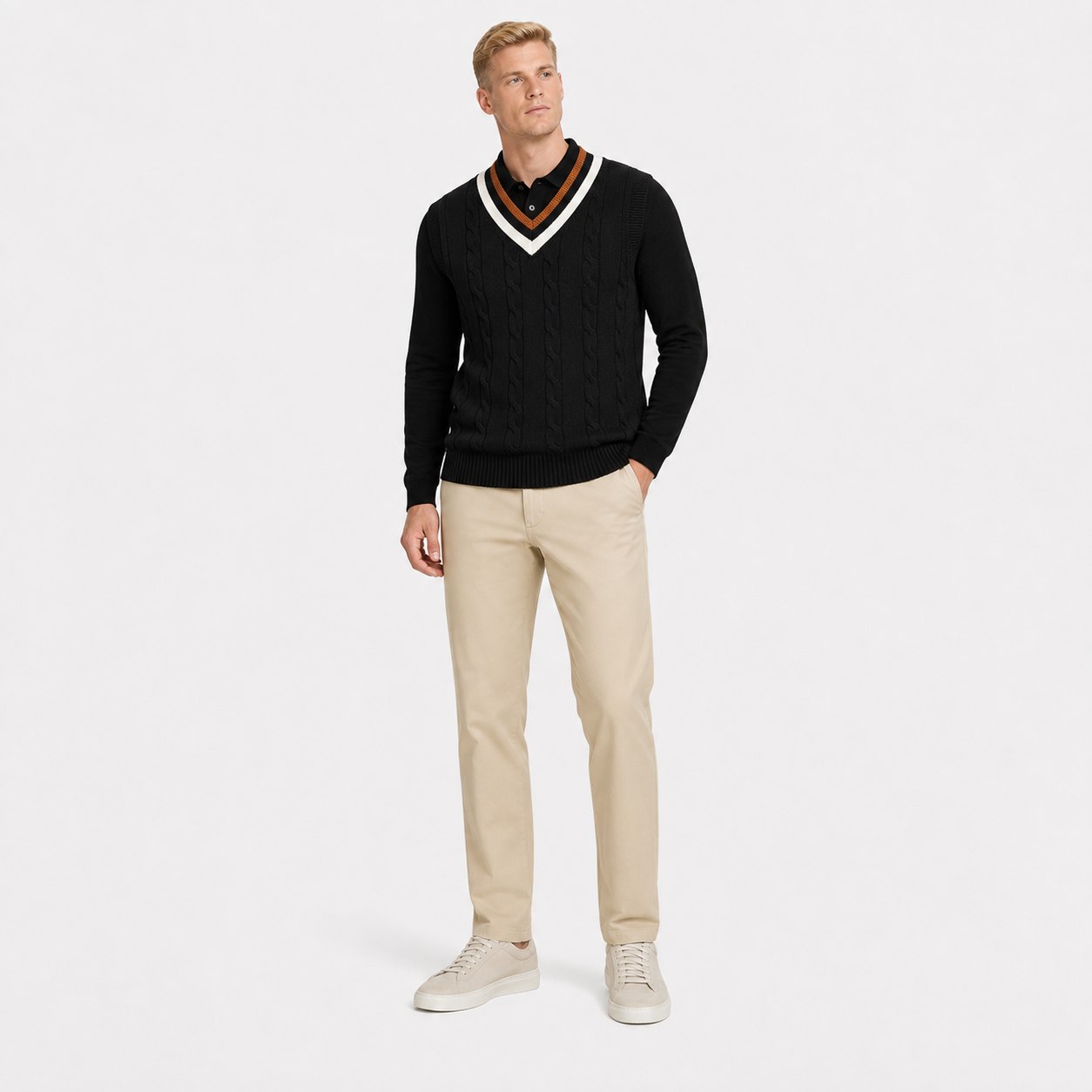 Men's cable-knit V-neck sweater vest in Black full-body view