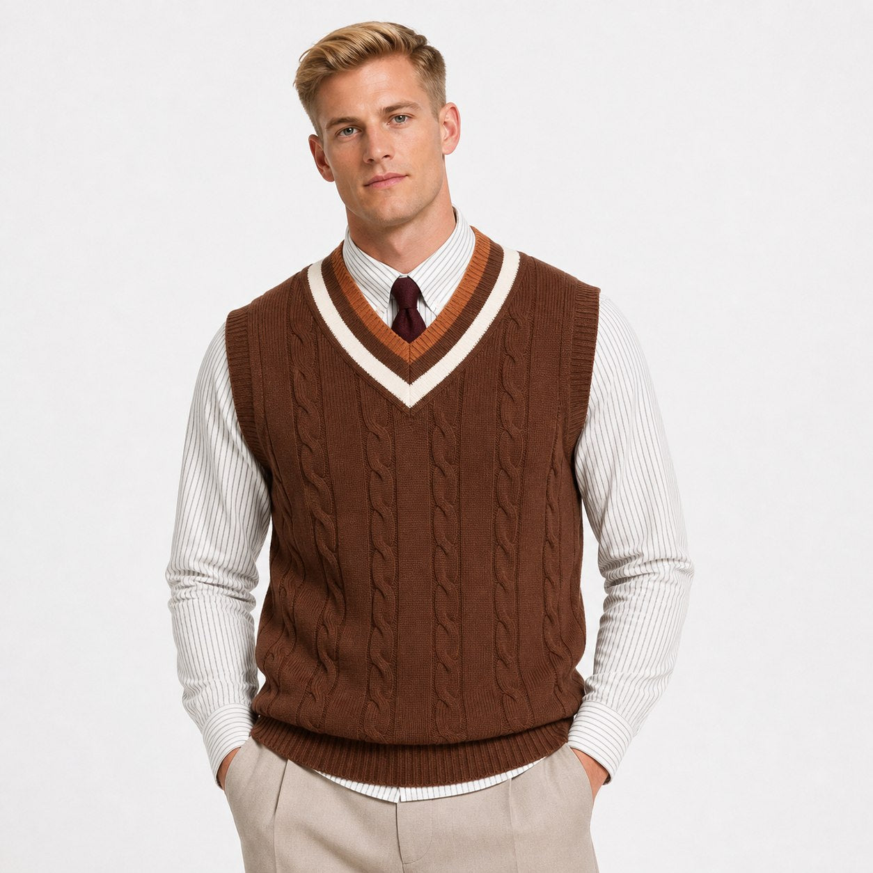 Men's cable-knit V-neck sweater vest in Brown front view