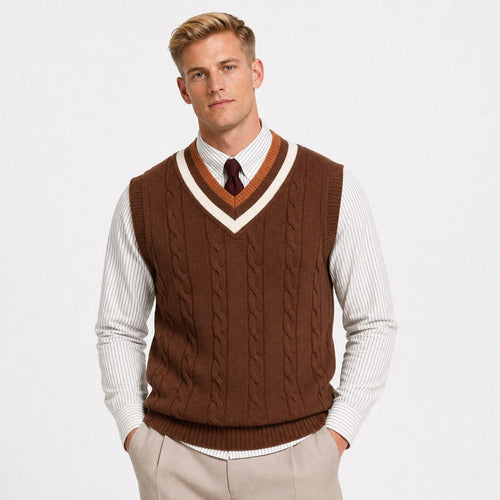 Men's cable-knit V-neck sweater vest in Brown front view