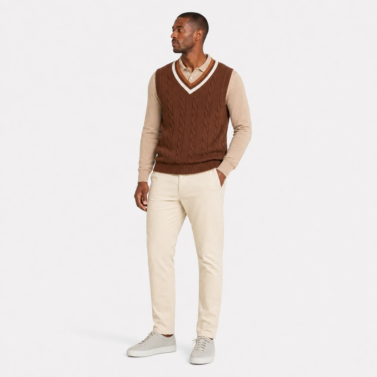 Men's cable-knit V-neck sweater vest in Brown full-body view