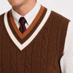 Men's cable-knit V-neck sweater vest in Brown knit detail
