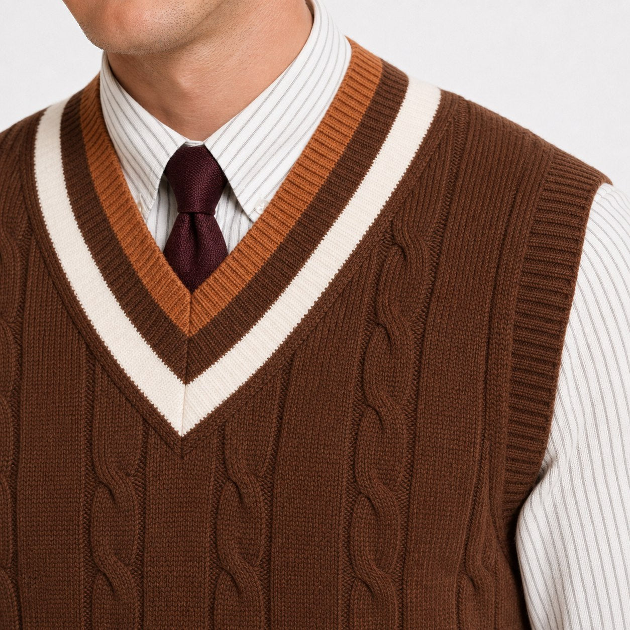 Men's cable-knit V-neck sweater vest in Brown knit detail