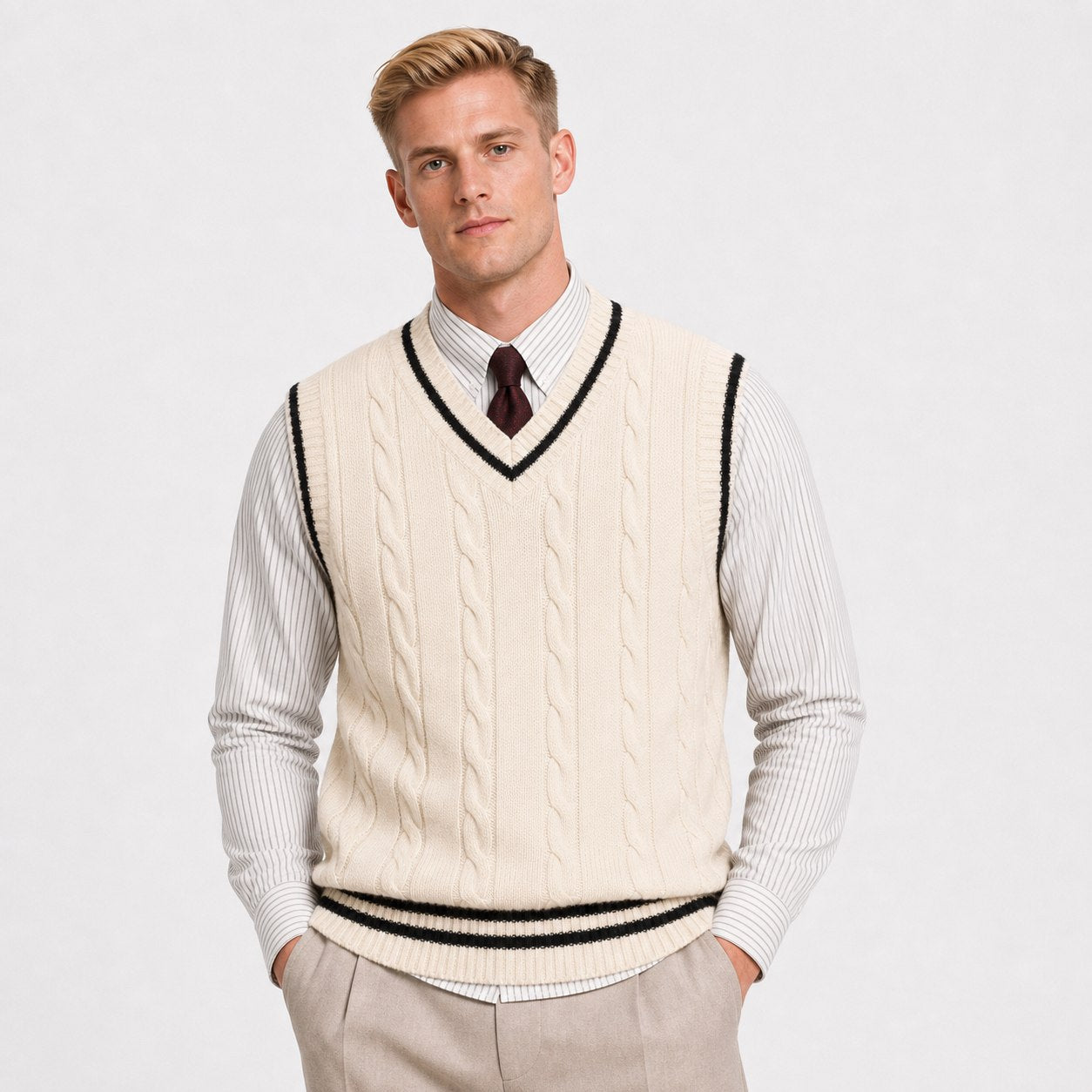 Men's cable-knit V-neck sweater vest in Apricot front view