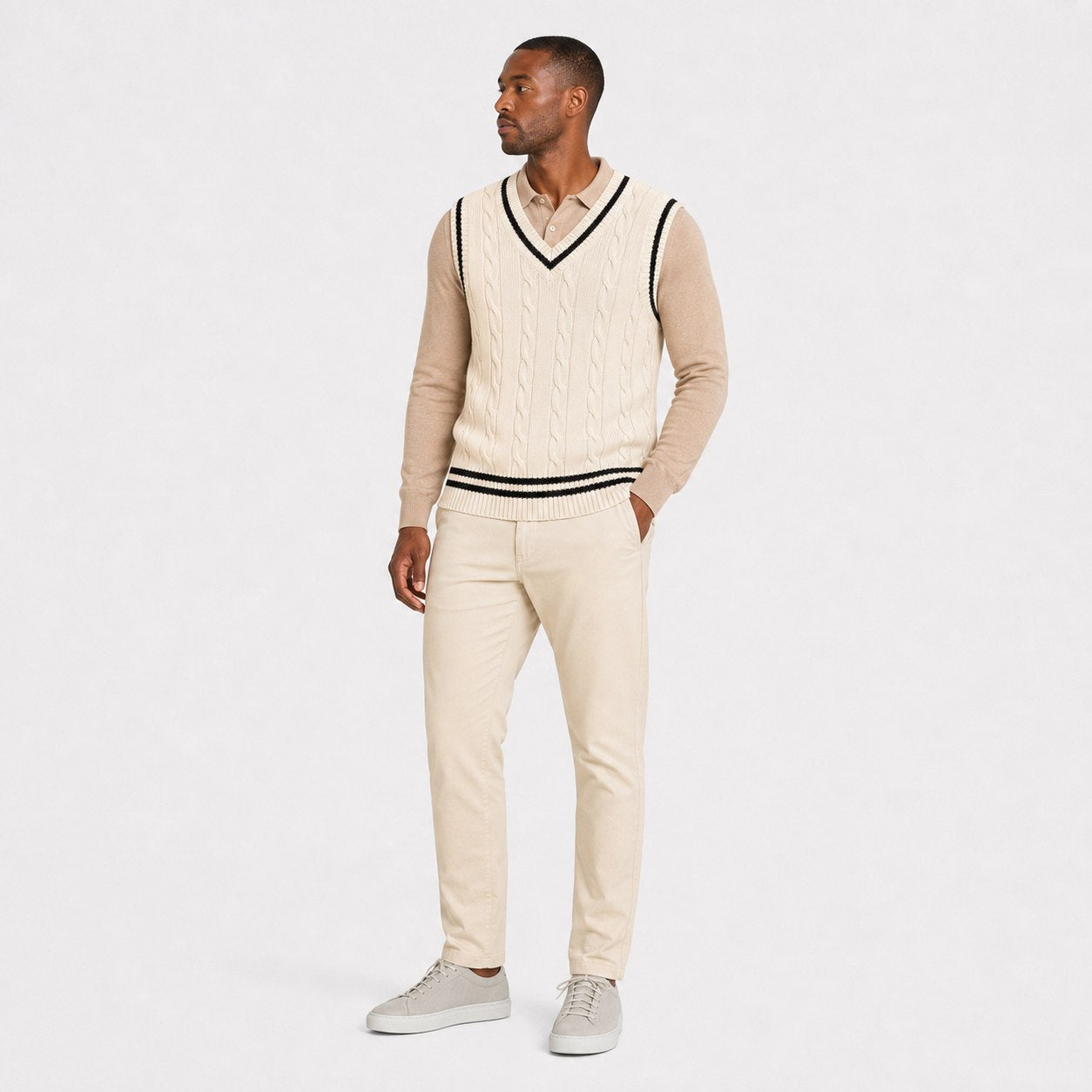 Men's cable-knit V-neck sweater vest in Apricot full-body view