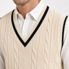 Men's cable-knit V-neck sweater vest in Apricot knit detail