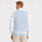 Men's cable-knit V-neck sweater vest in Blue back view