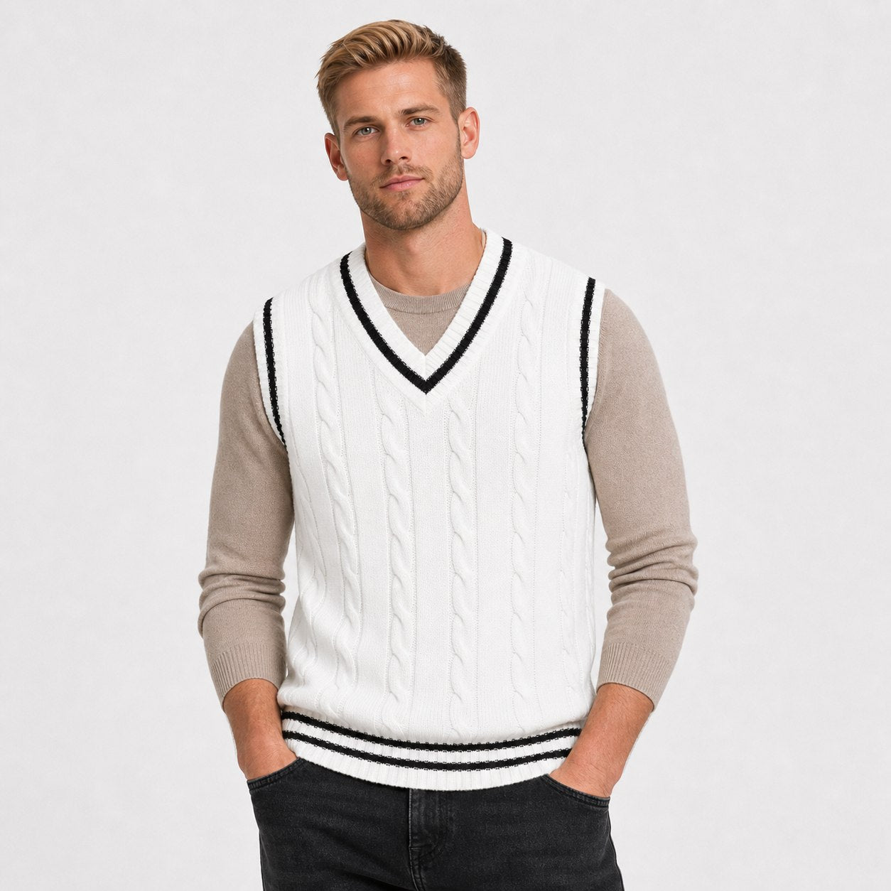 Men's Cable-Knit V-Neck Sweater Vest Striped Trim Regular Fit