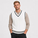 Men's cable-knit V-neck sweater vest in White front view