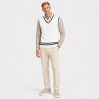 Men's cable-knit V-neck sweater vest in White full-body view
