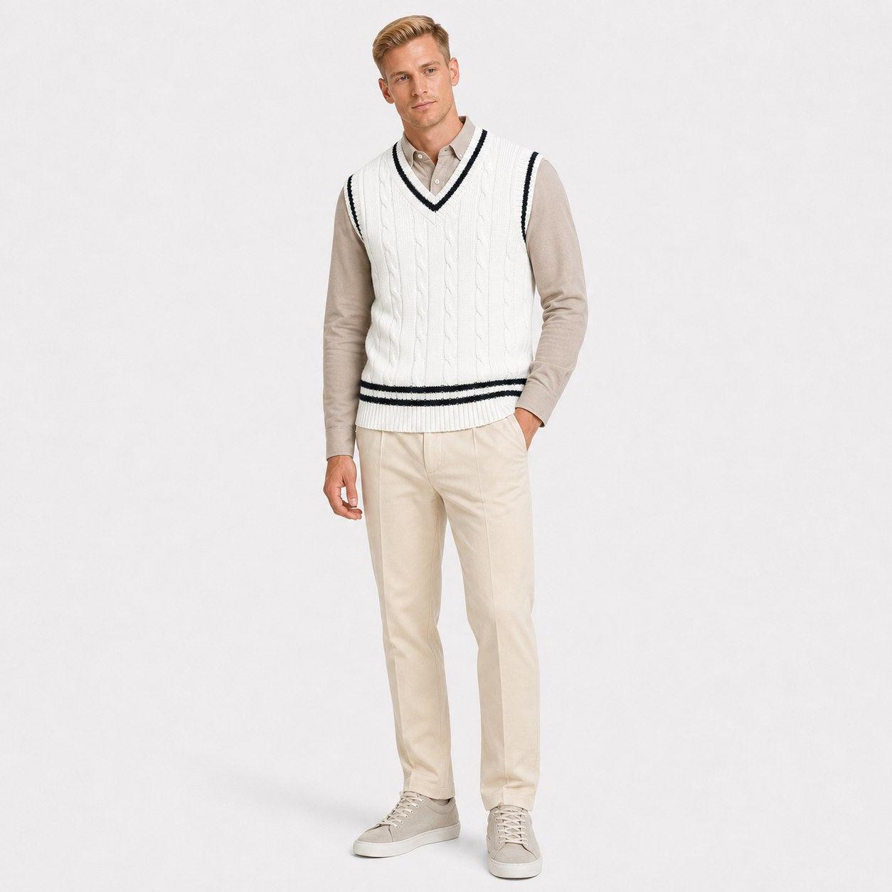 Men's cable-knit V-neck sweater vest in White full-body view