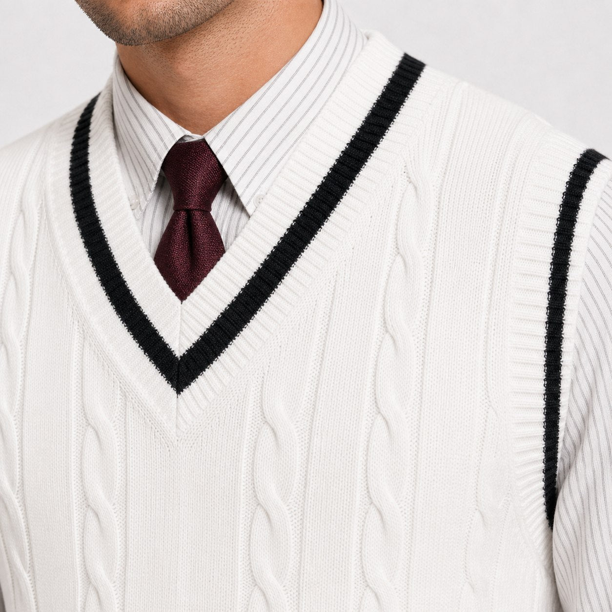 Men's cable-knit V-neck sweater vest in White knit detail