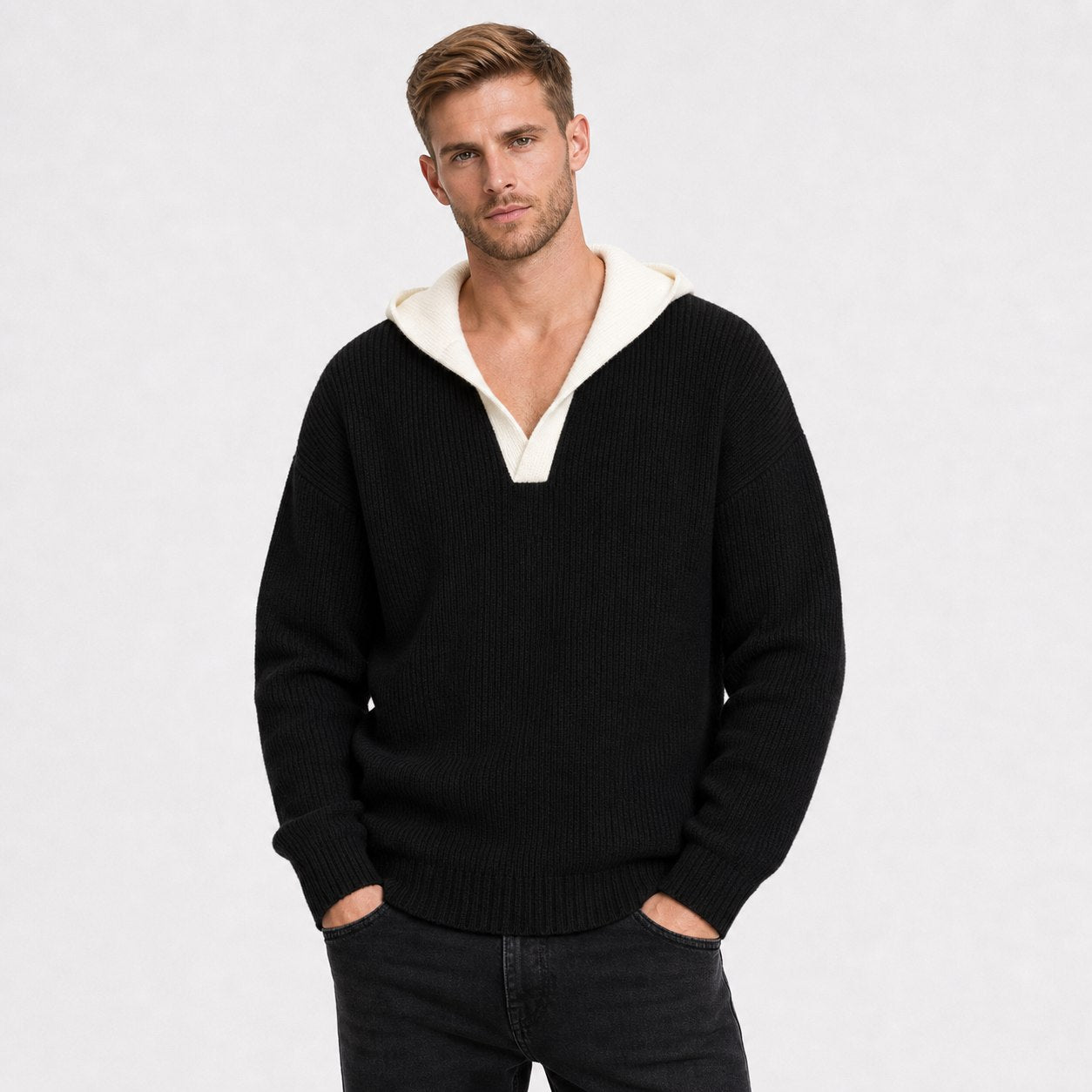 Men's ribbed knit hooded pullover in Black front view