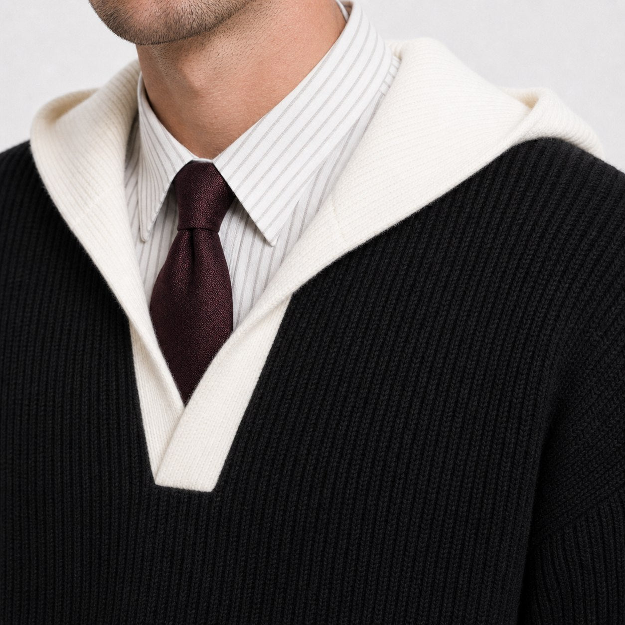 Men's ribbed knit hooded pullover in Black collar detail