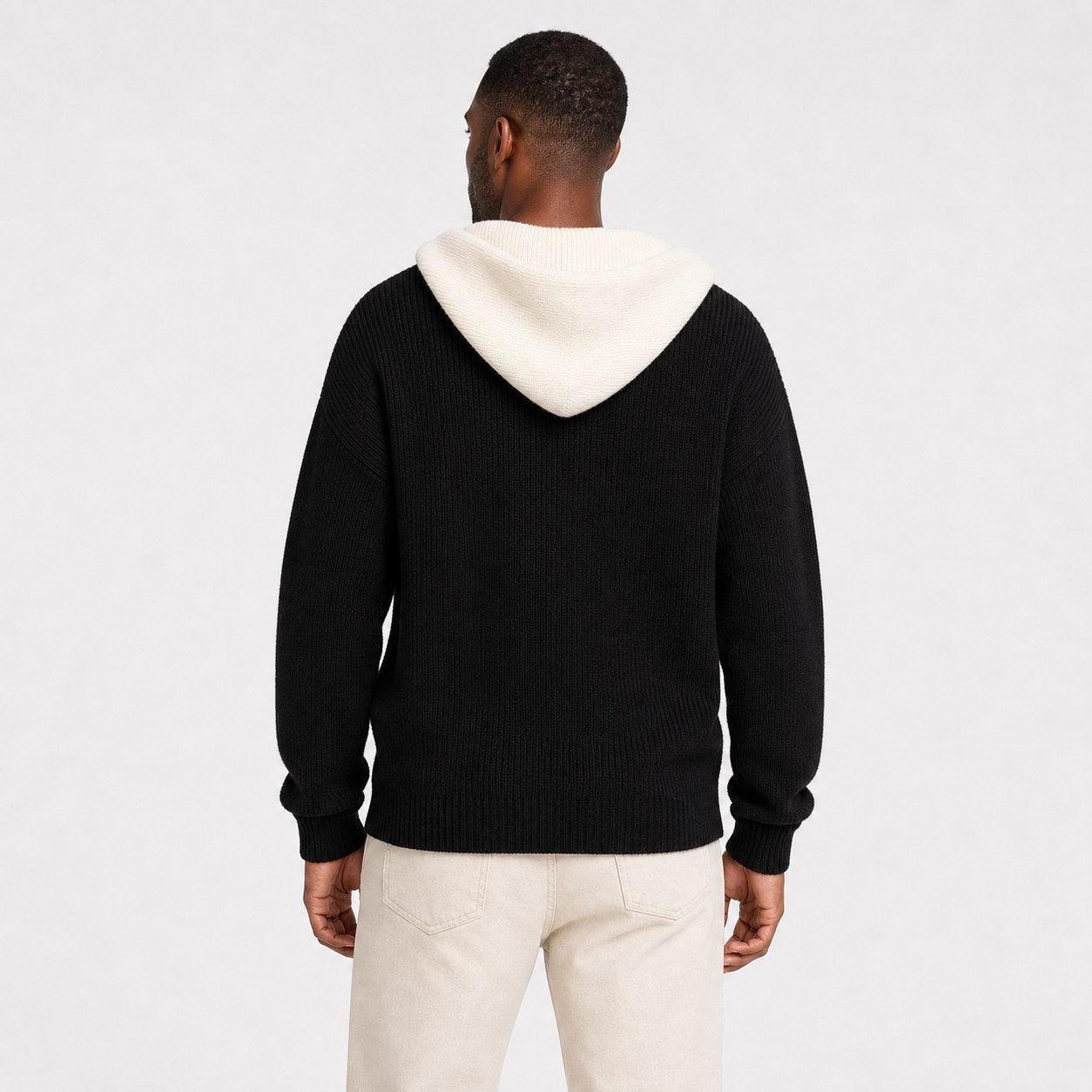 Men's ribbed knit hooded pullover in Black back view