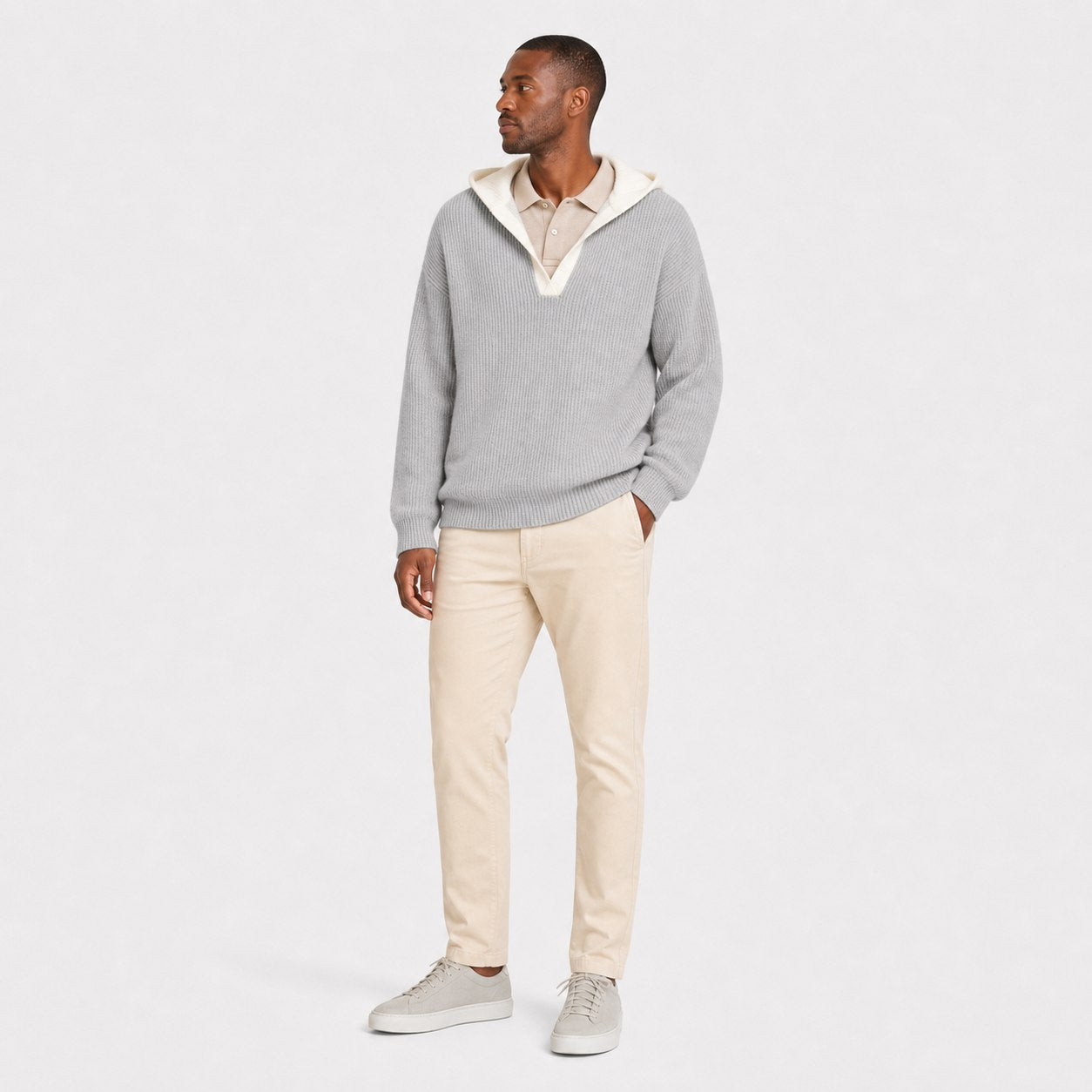 Men's ribbed knit hooded pullover in Grey front view