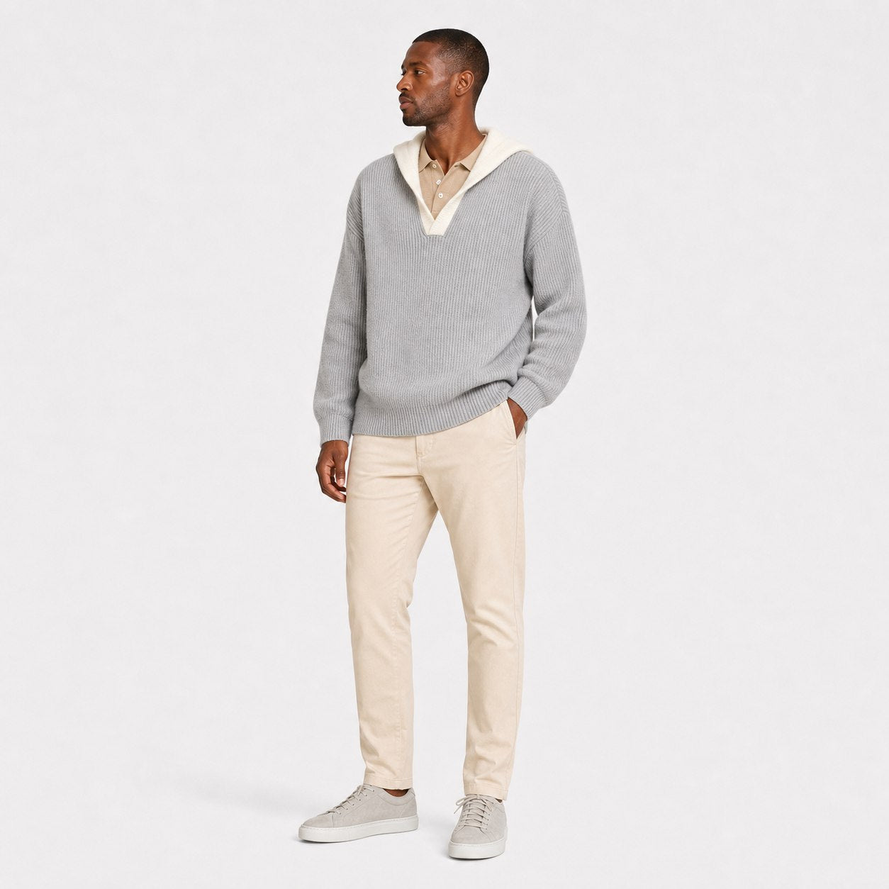 Men's ribbed knit hooded pullover in Grey full-body view
