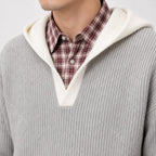 Men's ribbed knit hooded pullover in Grey collar detail
