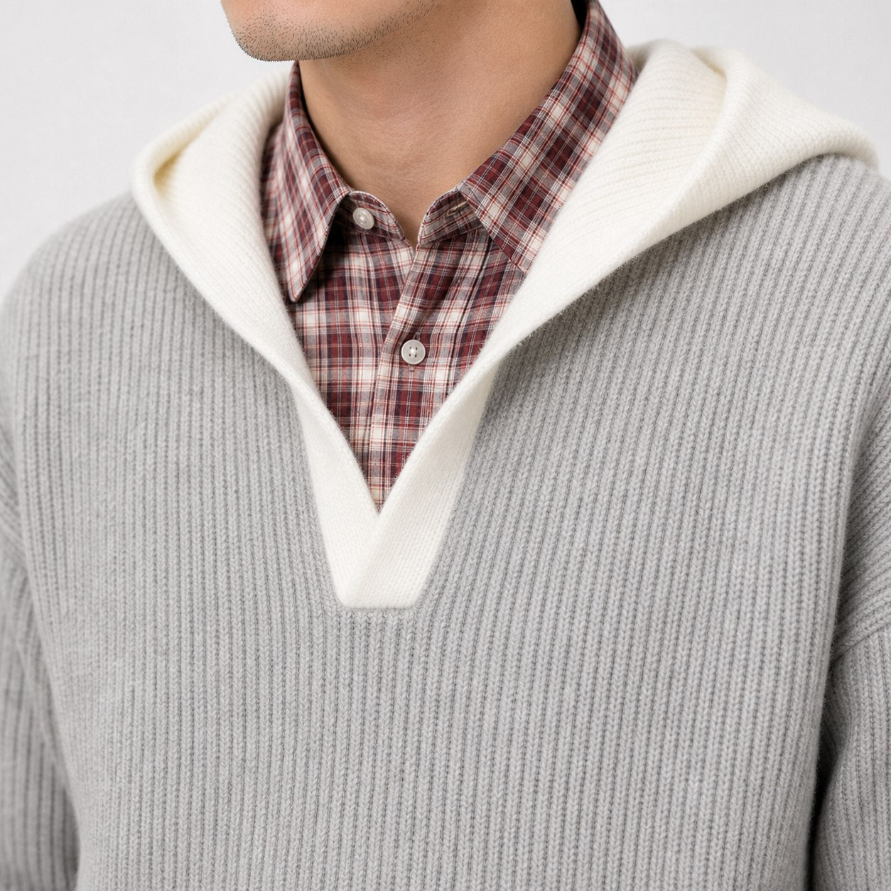 Men's ribbed knit hooded pullover in Grey collar detail