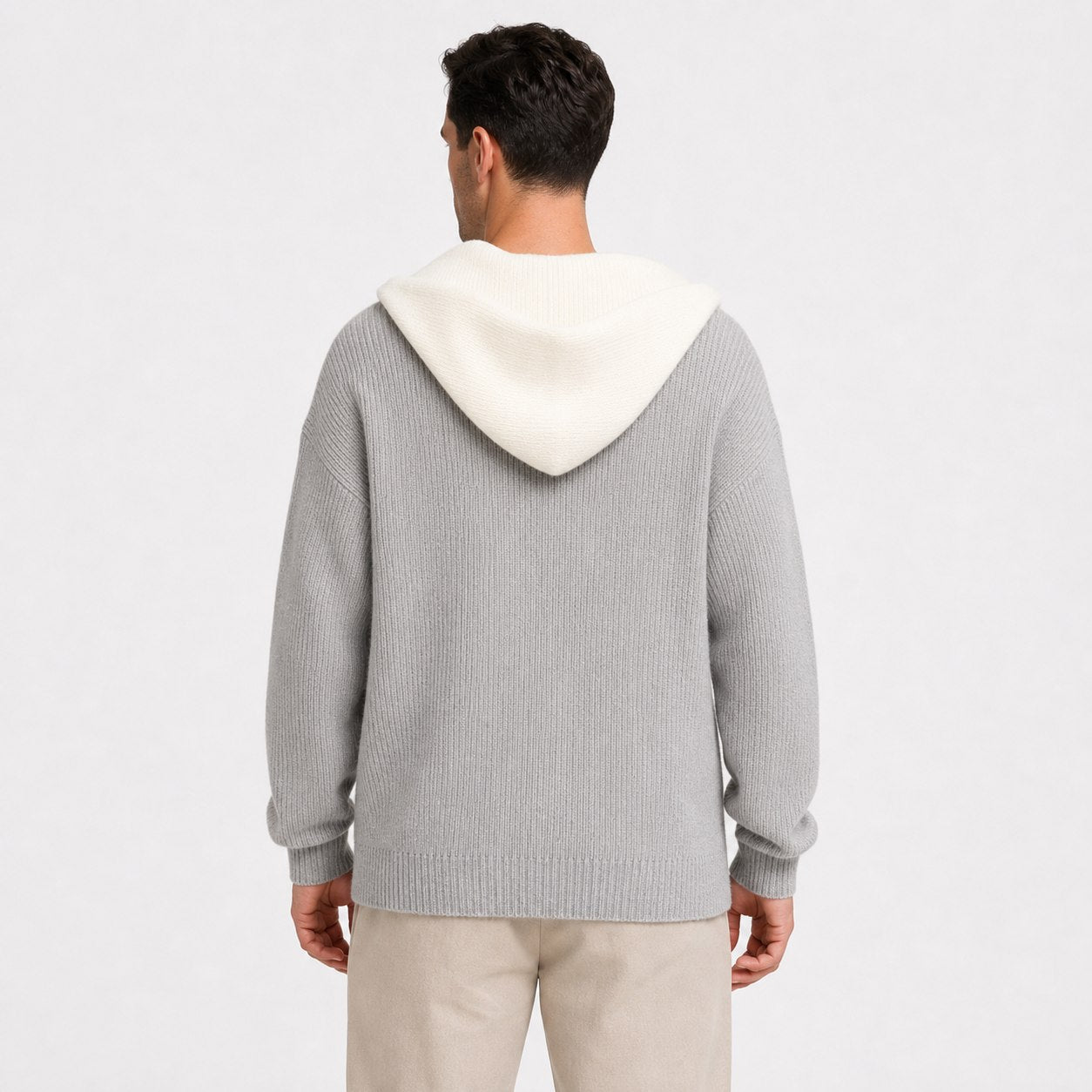 Men's ribbed knit hooded pullover in Grey back view