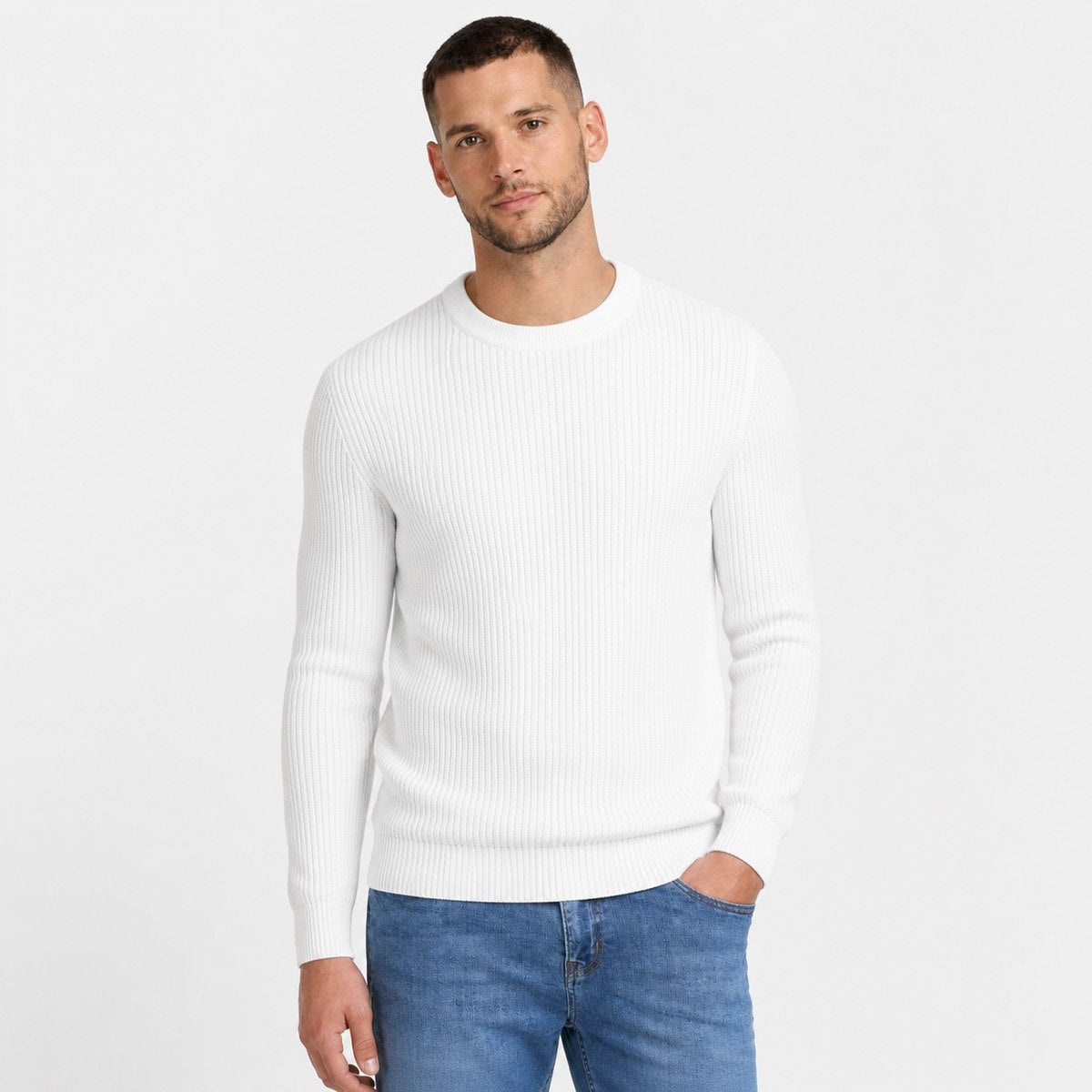 Men's white ribbed crew neck sweater front view