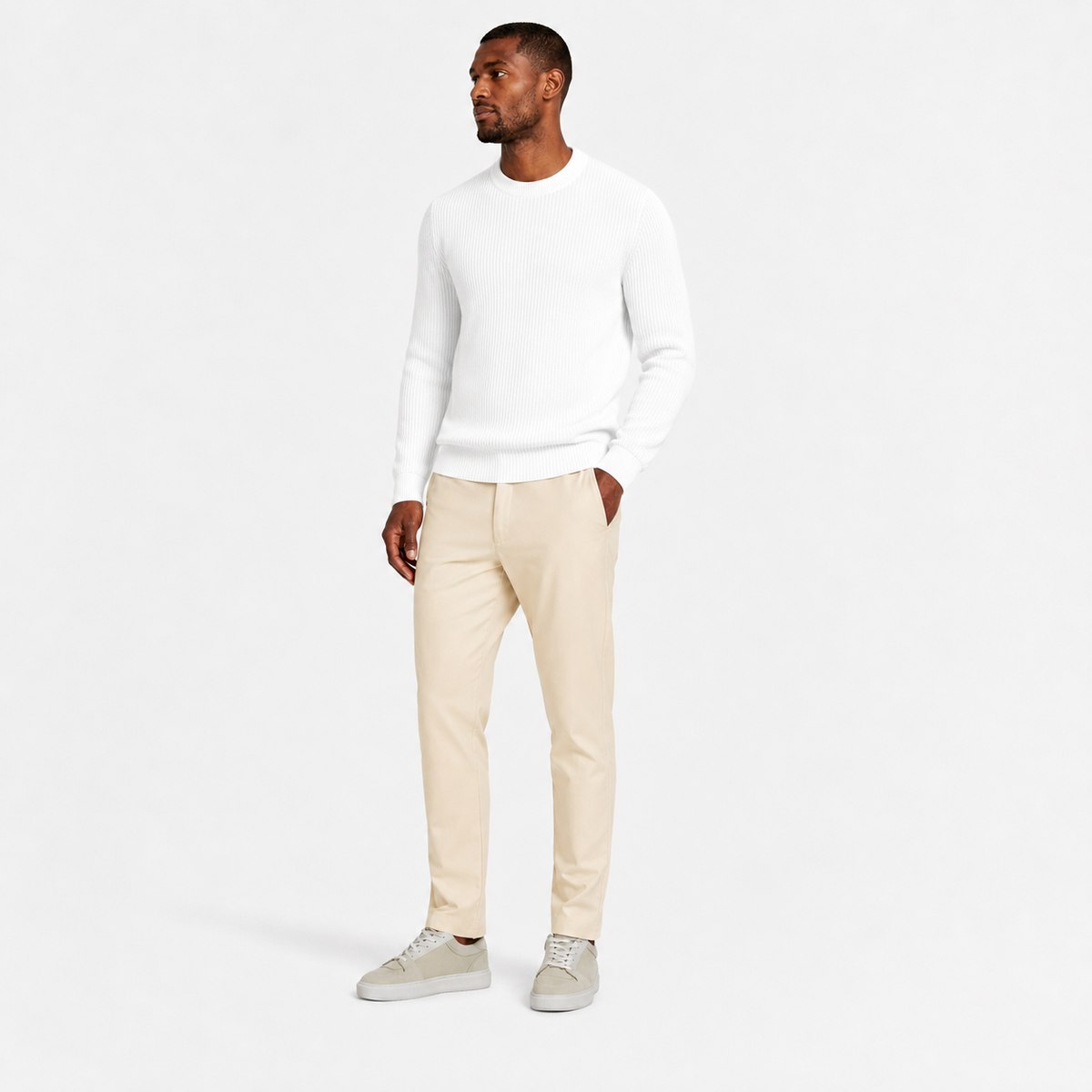 Men's white ribbed crew neck sweater full body view