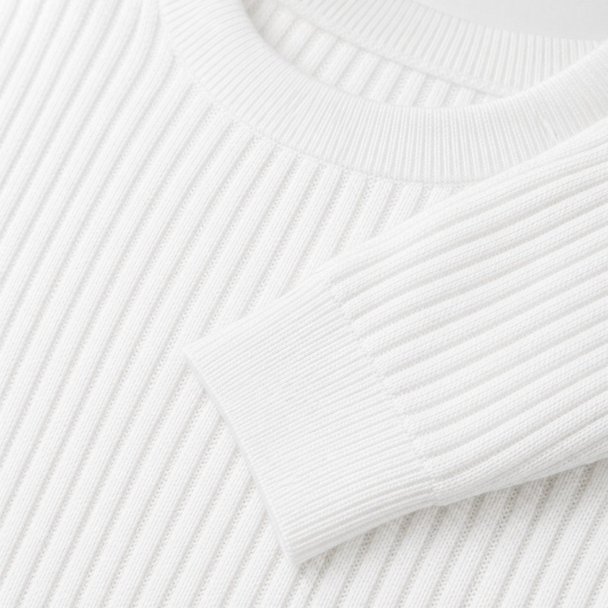 Men's white ribbed crew neck sweater knit detail