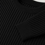Men's black ribbed crew neck sweater knit detail