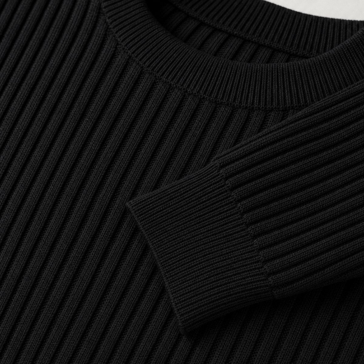 Men's black ribbed crew neck sweater knit detail