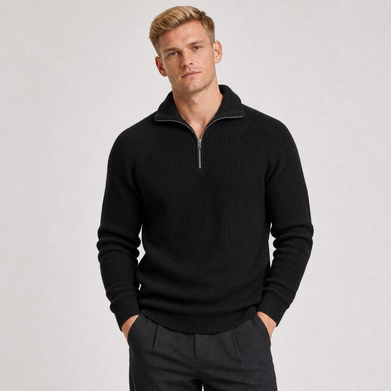 Black men's ribbed half-zip knit jumper front view
