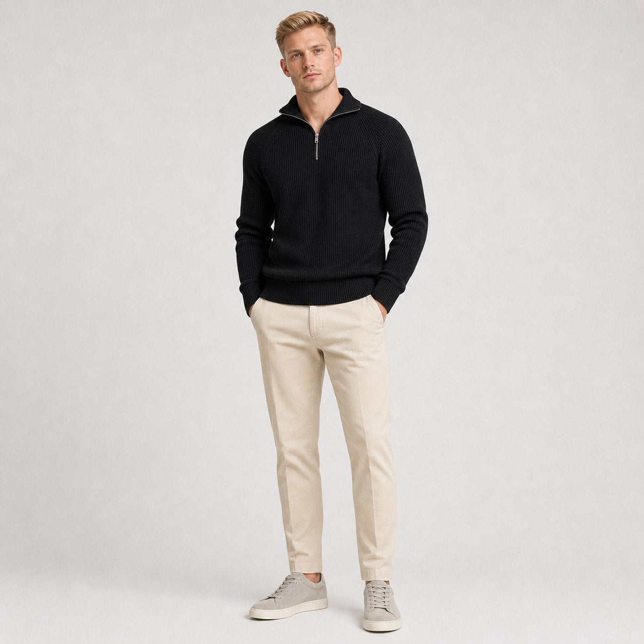 Black men's ribbed half-zip knit jumper full body front view