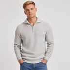 Grey men's ribbed half-zip knit jumper front view