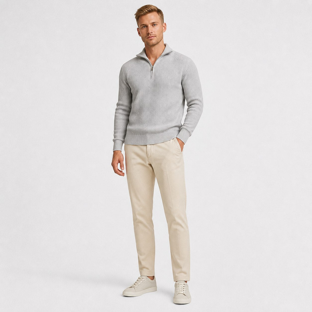 Grey men's ribbed half-zip knit jumper full body front view